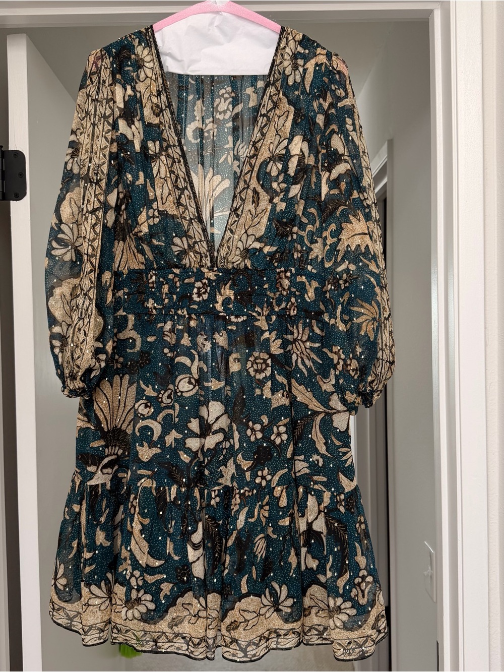 Deep Teal and Cream Floral V-Neck Dress